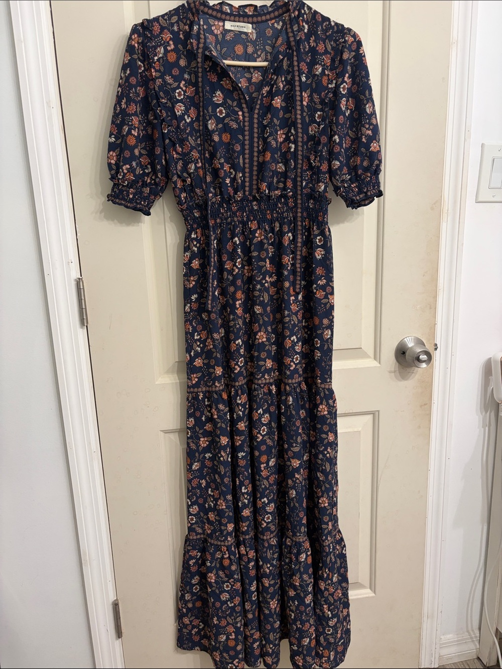 Max Studio Navy Floral Tiered Maxi with Puff Sleeves